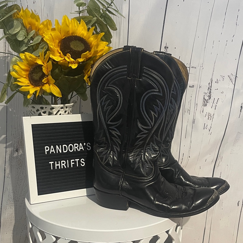 Vintage Tony Lama Black Label black Western Cowboy Boots Size 10 Preowned